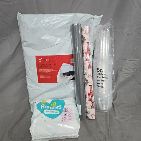 APPROXIMATELY 15 ASSORTED HOUSEHOLD PRODUCTS TO INCLUDE DIVCHI DELUXE PLUSH RADIATOR BED, PLASTIC CUPS, PAMPERS BABY WIPES, ETC