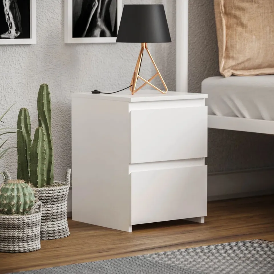 BOXED CUNHA 2 DRAWER BEDSIDE TABLE - WHITE (1 BOX)
