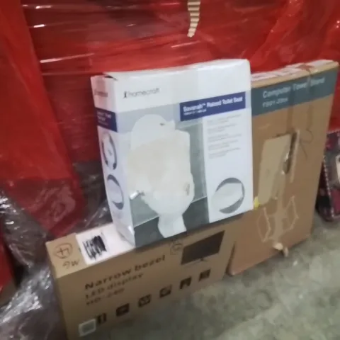 PALLET OF ASSORTED HOUSEHOLD GOODS AND PRODUCTS TO INCLUDE;TOILET SEAT,LED MONITOR,COMPUTER TOWER STAND 