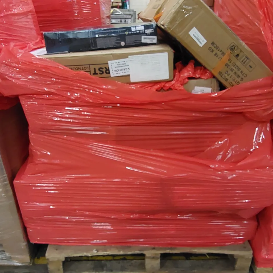 PALLET OF ASSORTED ITEMS INCLUDING: SHELVES DESK, TV STAND CABINET, LEGO CAR