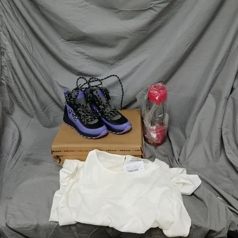 BOX OF APPROXIMATELY 20 ASSORTED HOUSEHOLD ITEMS INCLUDING ADESSO PURPLE/BLACK BOOTS SIZE EU 36, NUTRIBULLET AND D AND CO SIZE 18 WHITE TOP 