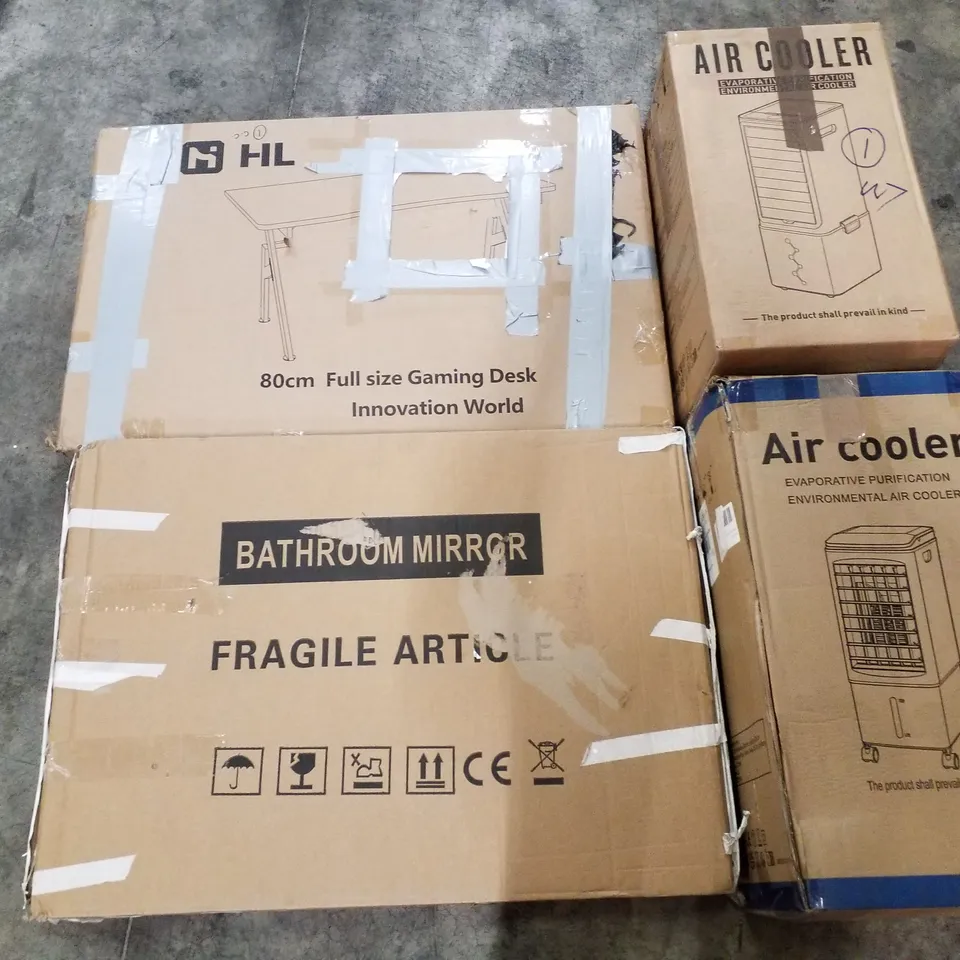 PALLET OF ASSORTED PRODUCTS INCLUDING AIR COOLER, BATHROOM MIRROR, GAMING DESK, FAUCET