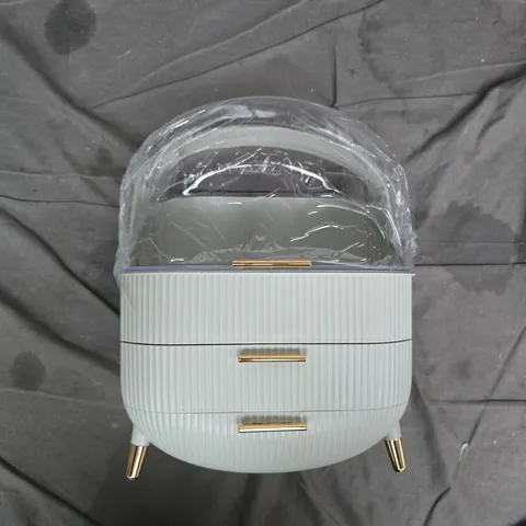 THREE-DRAWER STORAGE UNIT WITH DOME LID – PALE GREY RIBBED FINISH, GOLD HANDLES & LEGS