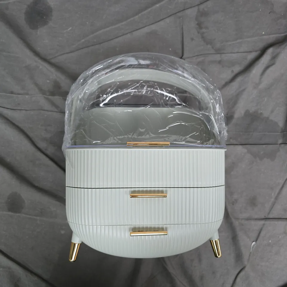 THREE-DRAWER STORAGE UNIT WITH DOME LID – PALE GREY RIBBED FINISH, GOLD HANDLES & LEGS