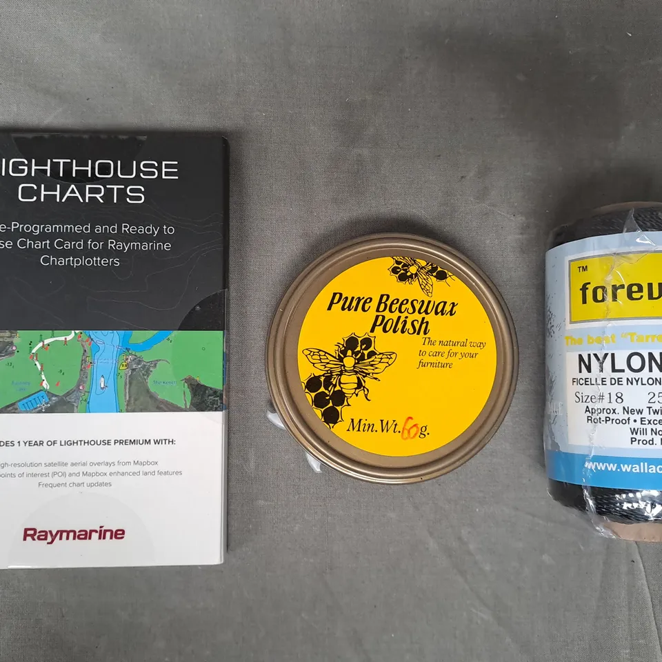 APPROXIMATELY 10 ASSORTED HOUSEHOLD ITEMS TO INCLUDE LIGHTHOUSE CHARTS, PURE BEESWAX POLISH, NYLON TWINE, ETC