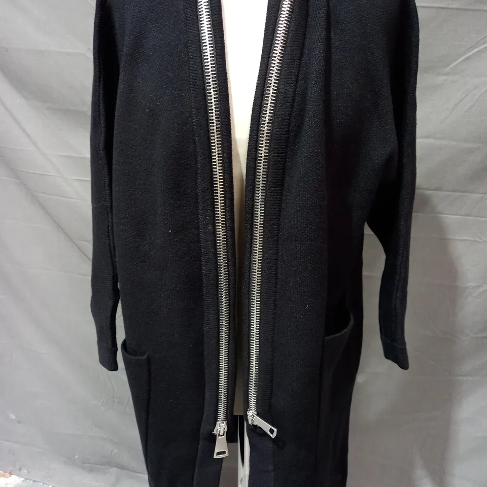 FRANK USHER LONG DOUBLE ZIP CARDIGAN IN BLACK SIZE S/M