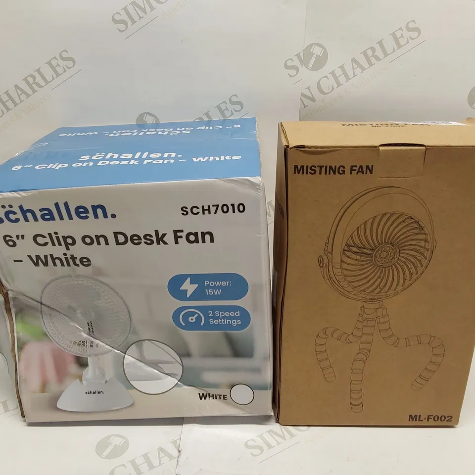 BOX OF BRAND NEW FANS TO INCLUDE APPROXIMATELY; 1X SCHALLEN 6" CLIP ON DESK FAN, 1X PORTABLE HANDHELD MISTING FAN