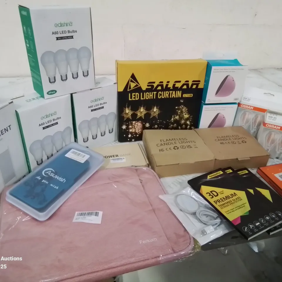 BOX CONTAINING LARGE AMOUNT OF BOXED ELECTRICAL ITEMS TO INCLUDE: VARIOUS BULBS, CANDLES LIGHTS, LED LIGHT CURTAIN, CHARGING CABLES, POWER BANK, 3D PRINTING FILAMENT AND LOTS MORE.