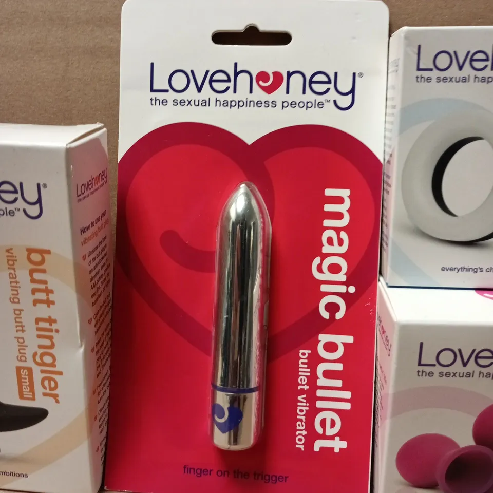 LOT OF 4 SEALED LOVEHONEY ADULT PLEASURE ITEMS TO INCLUDE NIPPLE SUCKERS, C*CK RING AND MAGIC BULLET