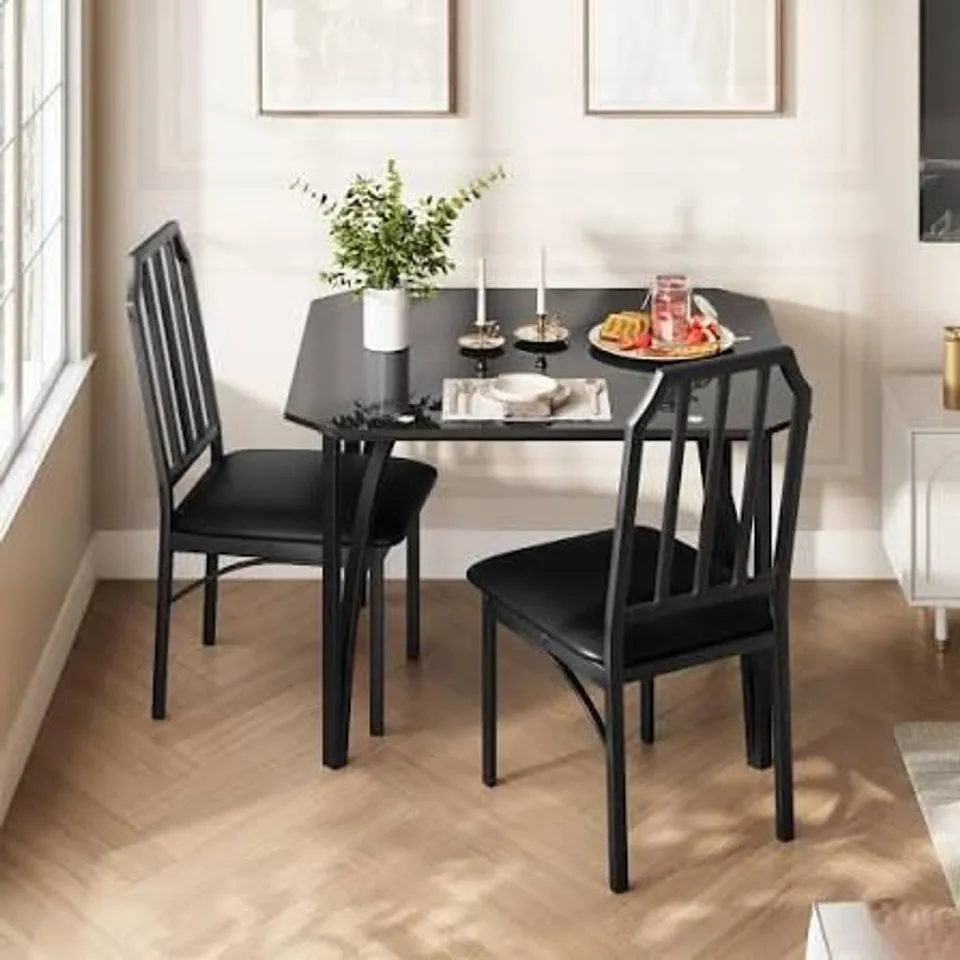 BOXED GARVEE DINING TABLE SET FOR 2, KITCHEN TABLE CHAIRS SET OF 2 WITH ULTRA COMFORTABLE PU CUSHION, DINING ROOM TABLE SET FOR 2 FURNITURE WITH KITCHEN CHAIRS SUITABLE FOR SMALL SPACE, BLACK GLASS (1