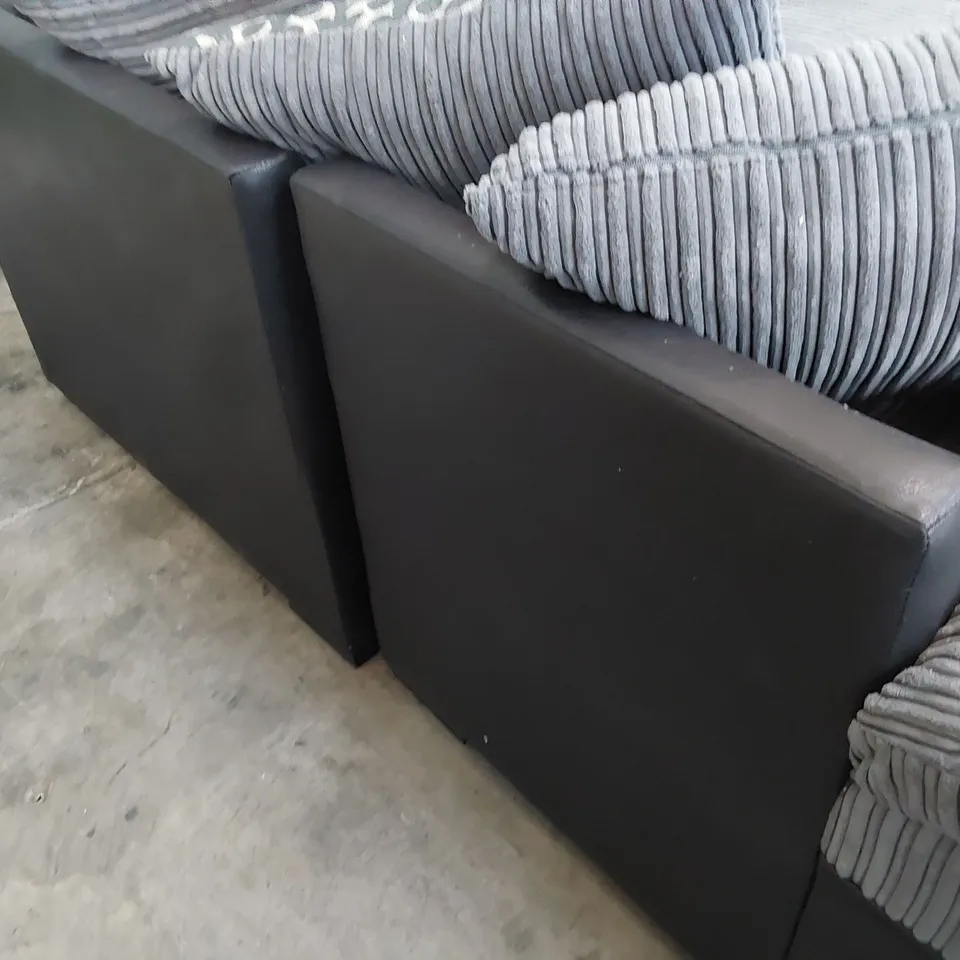 DESIGNER CORNER GROUP WITH SCATTER CUSHIONS BLACK FAUX LEATHER & GREY JUMBO CHORD 