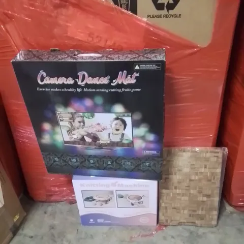 PALLET OF ASSORTED HOUSEHOLD GOODS AND PRODUCTS TO INCLUDE;KNITTING MACHINE,DANCE MAT GAME,CUTTING BOARD 