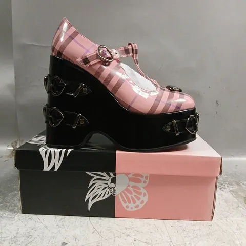 BOXED PAIR OF KOI SWEET APATHY PLAID WEDGE MARY JANES IN PINK SIZE UK 5