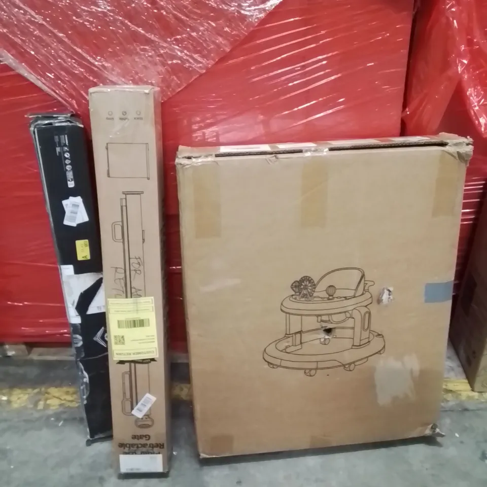 PALLET OF ASSORTED HOUSEHOLD GOODS AND PRODUCTS TO INCLUDE;RETRACTABLE SAFETY GATE,DESK MAT,BABY WALKER 