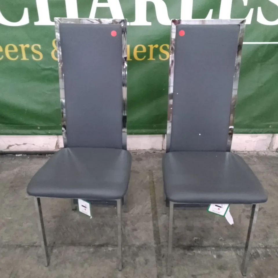 SET OF 2 NEW CELESTE DARK GREY LEATHER AND CHROME DINING CHAIRS 