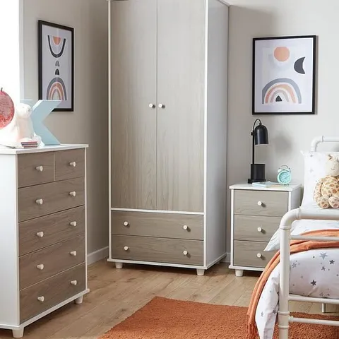 BOXED MIAMI FRESH KIDS 3 PIECE PACKAGE - 2 DOOR, 2 DRAWER WARDROBE, 5 DRAWER CHEST, 3 DRAWER BEDSIDE CHEST - GREY (2 BOXES)