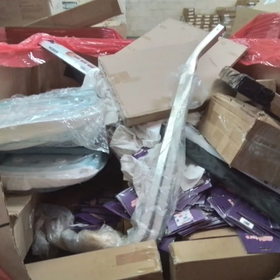 PALLET CONTAINING ASSORTED ITEMS TO INCLUDE: SCENDOR GARDEN ARCH, MORRIS SLIM LED BATTENS, PIZZA STONE, TOILET SEAT, MINDFUL MONSTERS KIDS T-SHIRTS ECT