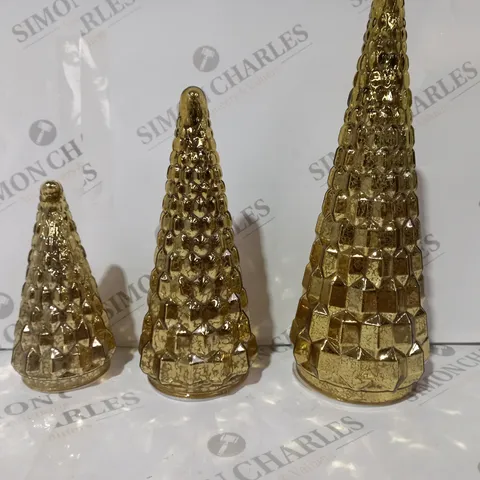 BOXED ALISON CORK SET OF 3 MERCURY GLASS TREES IN ANTIQUE GOLD