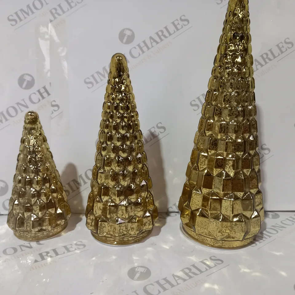BOXED ALISON CORK SET OF 3 MERCURY GLASS TREES IN ANTIQUE GOLD