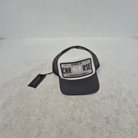 CHRISTIAN ROSE ICONIC II TRUCKER CAP β BLACK MESH BACK, WHITE FRONT