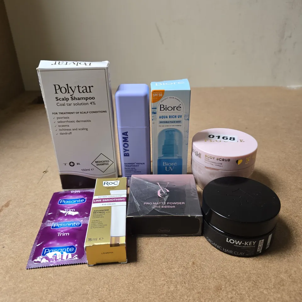 APPROXIMATELY 15 ASSORTED HEALTH & BEAUTY PRODUCTS TO INCLUDE TRIM CONDOMS, BYOMA REPAIR TREATMENT, BODY SCRUB ETC