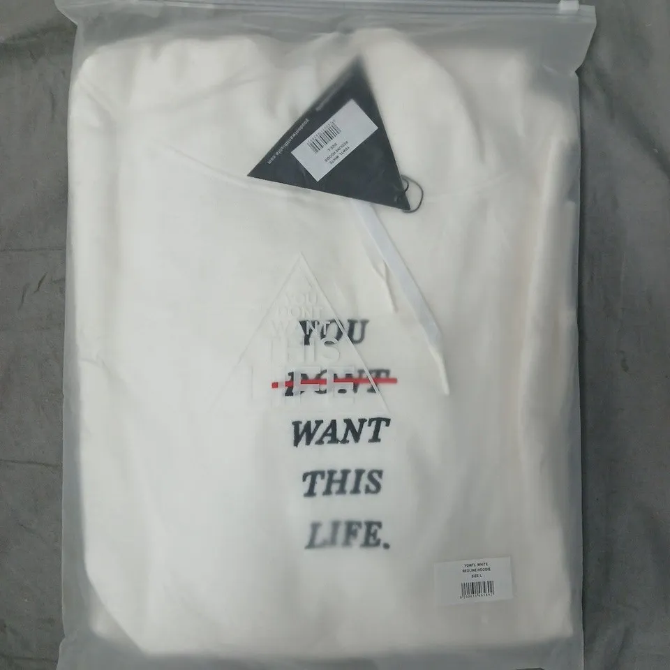 BOX OF APPROXIMATELY 8 YOU DON'T WANT THIS LIFE REDLINE HOODIES IN WHITE - SIZES VARY
