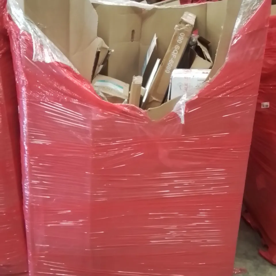 PALLET CONTAINING VARIOUS ASSORTED BOXED HOUSEHOLD ITEMS TO INCLUDE: BATHROOM FALL MAT, SHOPPING TROLLEY, LED BATHROOM MIRROR AND LOTS MORE UNMARKED BOXED ITEMS 