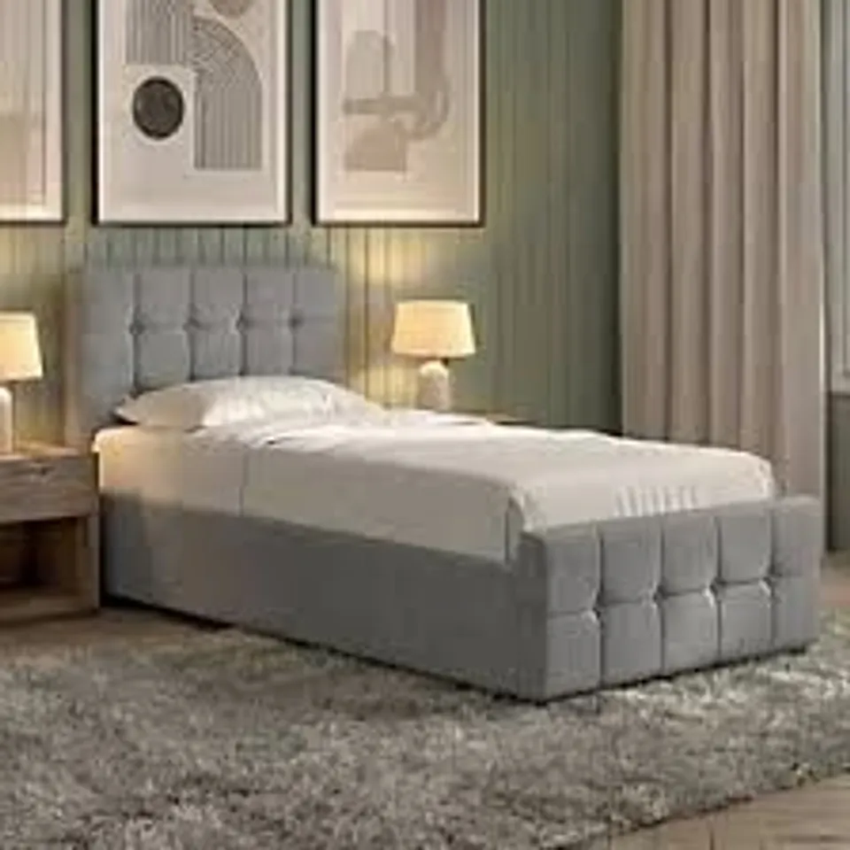BOXED VALENTINA SINGLE OTTOMAN BED - LIGHT GREY LINEN (2 BOXES)
