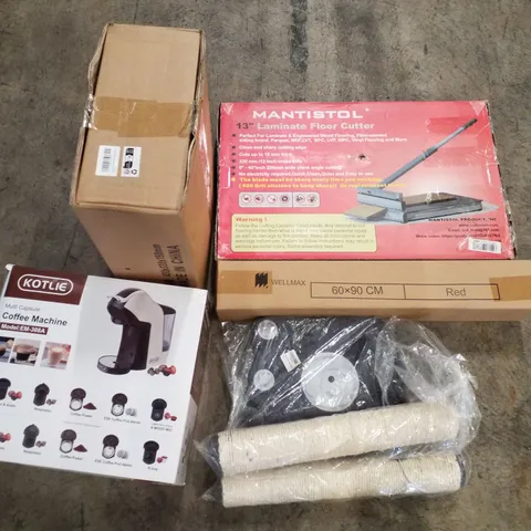 PALLET CONTAINING ASSORTED PRODUCTS TO INCLUDE 13" LAMINATE FLOOR CUTTER, CAT STRACHING POST, COFFEE MACHINE, DIRT TRAPPER, RECTANGULAR TABLECLOTH