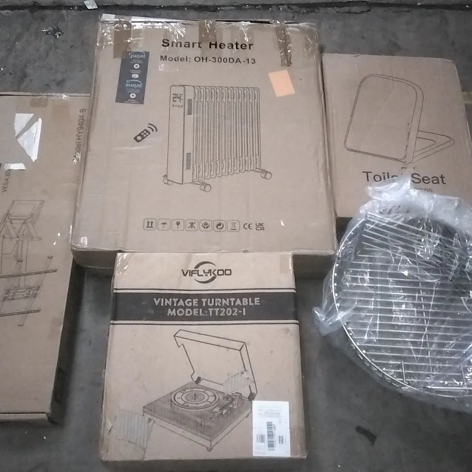 PALLET OF ASSORTED ITEMS INCLUDING TOILET SEAT, SMART HEATER, VINTAGE TURNTABLE, FULL MOTION LONG ARM TV WALL MOUNT