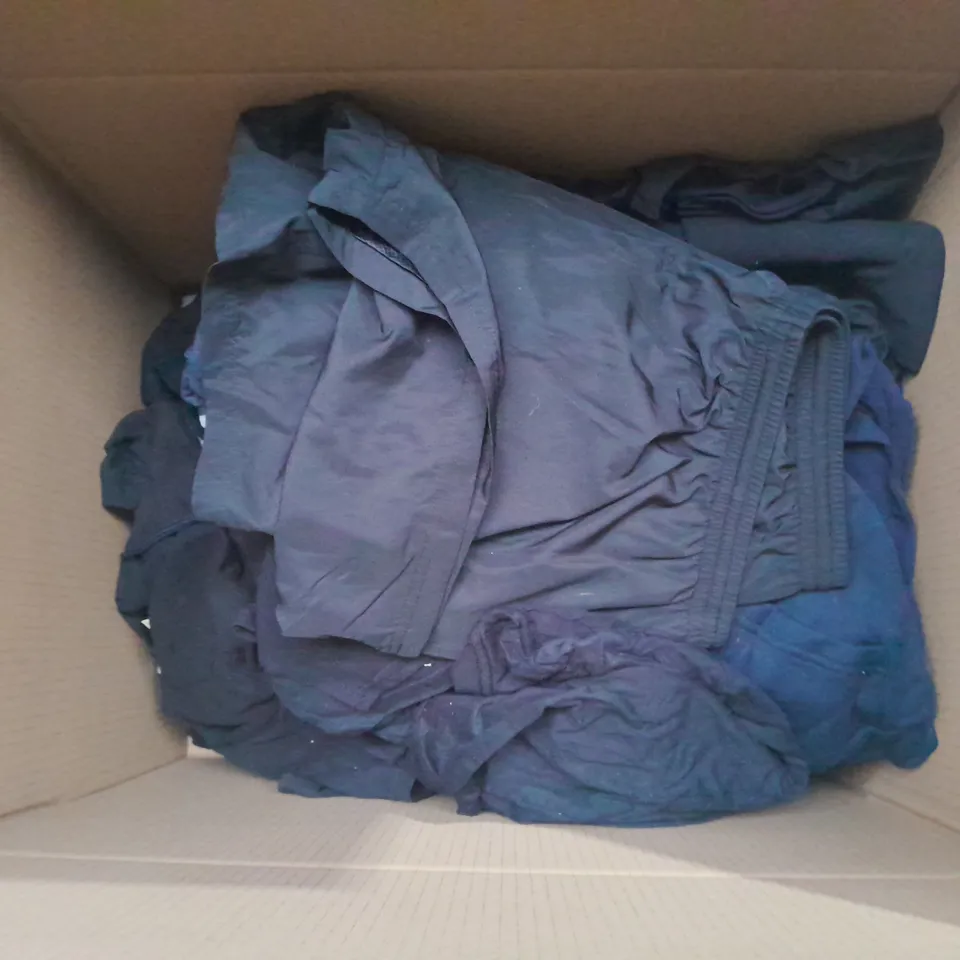 LARGE BOX OF ASSORTED SPORTS CLOTHING ITEMS IN VARIOUS SIZES, COLOURS AND STYLES