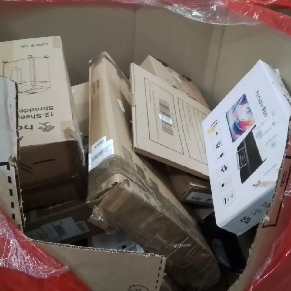 PALLET OF ASSORTED HOUSEHOLD GOODS AND PRODUCTS TO INCLUDE;PORTABLE MONITOR,SHREDDER MACHINE,LAPTOP COOLER