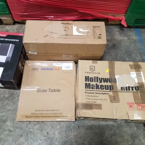 PALLET CONTAINING ASSORTED PRODUCTS INCLUDING HOLLYWOOD MAKEUP MIRROR, SIDE TABLE, CEILING FAN, ROTARY DEHUMIDIFIER 