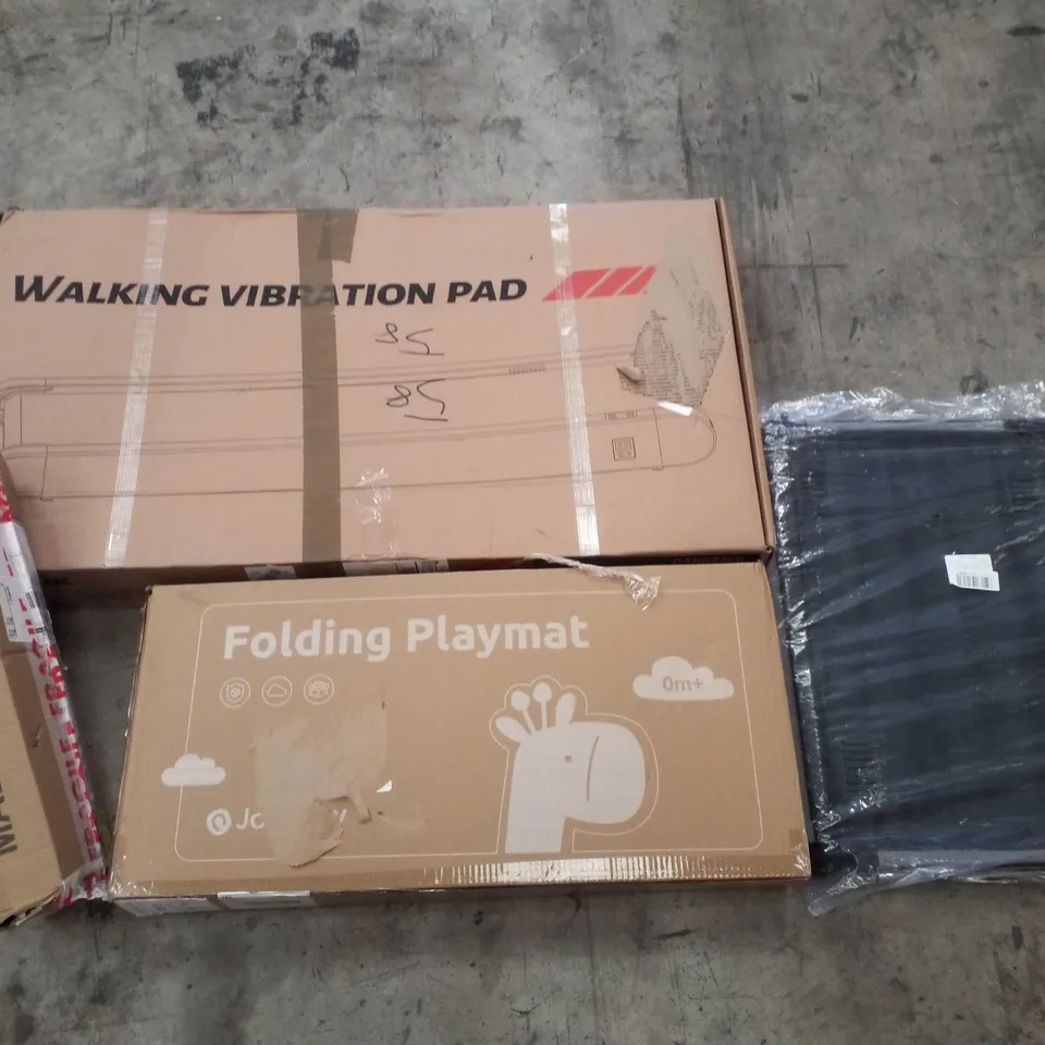 PALLET CONTAINING ASSORTED PRODUCTS INCLUDING WALKING VIBRATION PAD, FOLDING PLAYMAT, METAL BALLOON ARCH & PET CARRYING BAG