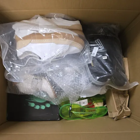 BOX OF APPROXIMATELY 12 PAIRS OF ASSORTED SHOES IN VARIOUS COLOUR, STYLES AND SIZES