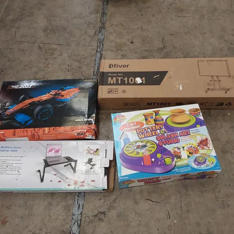 PALLET OF ASSORTED HOUSEHOLD ITEMS AND CONSUMER PRODUCTS TO INCLUDE; LEGO, LAPTOP TABLE, POTTERY WHEEL, TV STAND, BOXED FURNITURE ETC