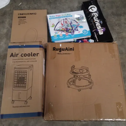 PALLET CONTAINING ASSORTED PRODUCTS INCLUDING TOILET SEAT, BABY PLAY GYM MAT, FUNESLA PRO KIT, AIR COOLER, BABY WALKER 