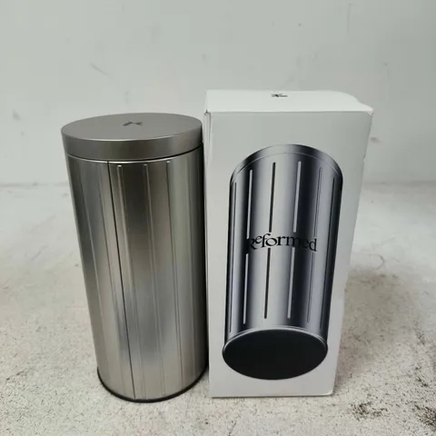 REFORMED STAINLESS STEEL RIBBED CYLINDRICAL CANISTER WITH LID
