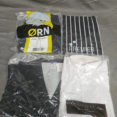 APPROXIMATELY 18 ASSORTED WORKWEAR CLOTHING ITEMS IN VARIOUS SIZES TO INCLUDE KUSTOM KIT OXFORD SHIRT, PREMIER STRIPE BIB APRON, CONDOR COMBAT SHORTS, ETC