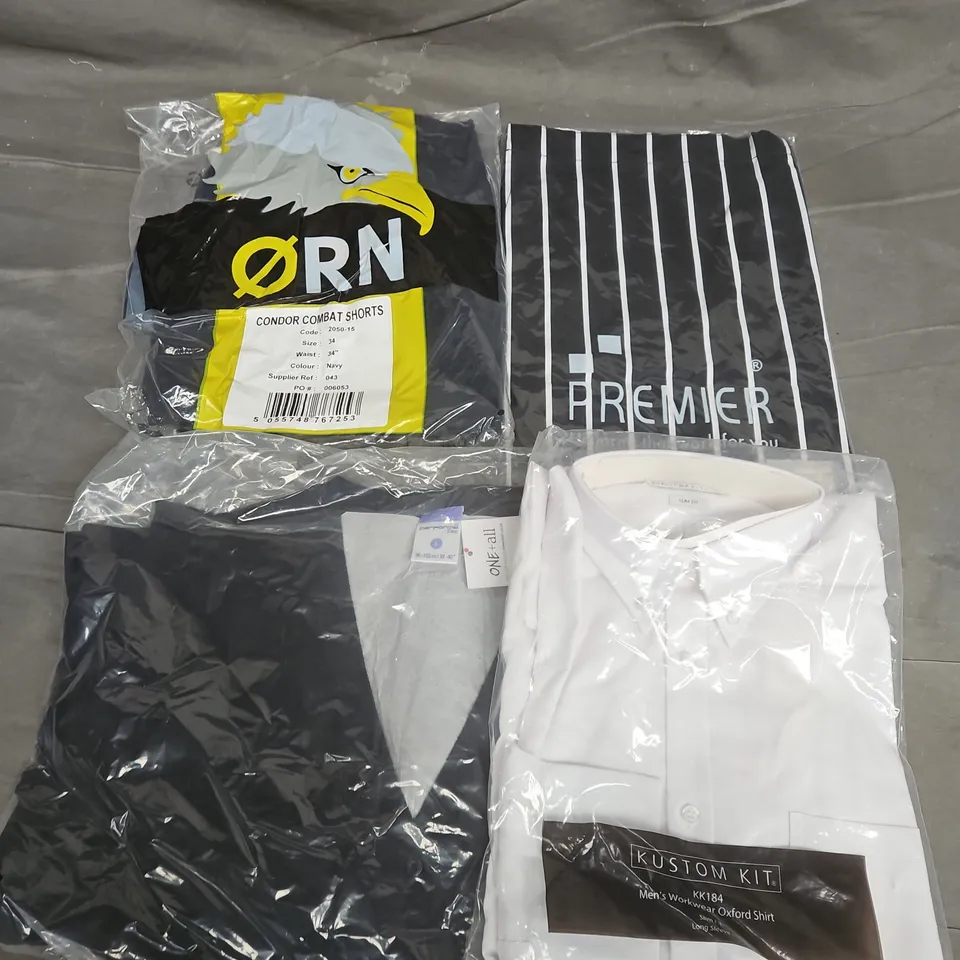 APPROXIMATELY 18 ASSORTED WORKWEAR CLOTHING ITEMS IN VARIOUS SIZES TO INCLUDE KUSTOM KIT OXFORD SHIRT, PREMIER STRIPE BIB APRON, CONDOR COMBAT SHORTS, ETC