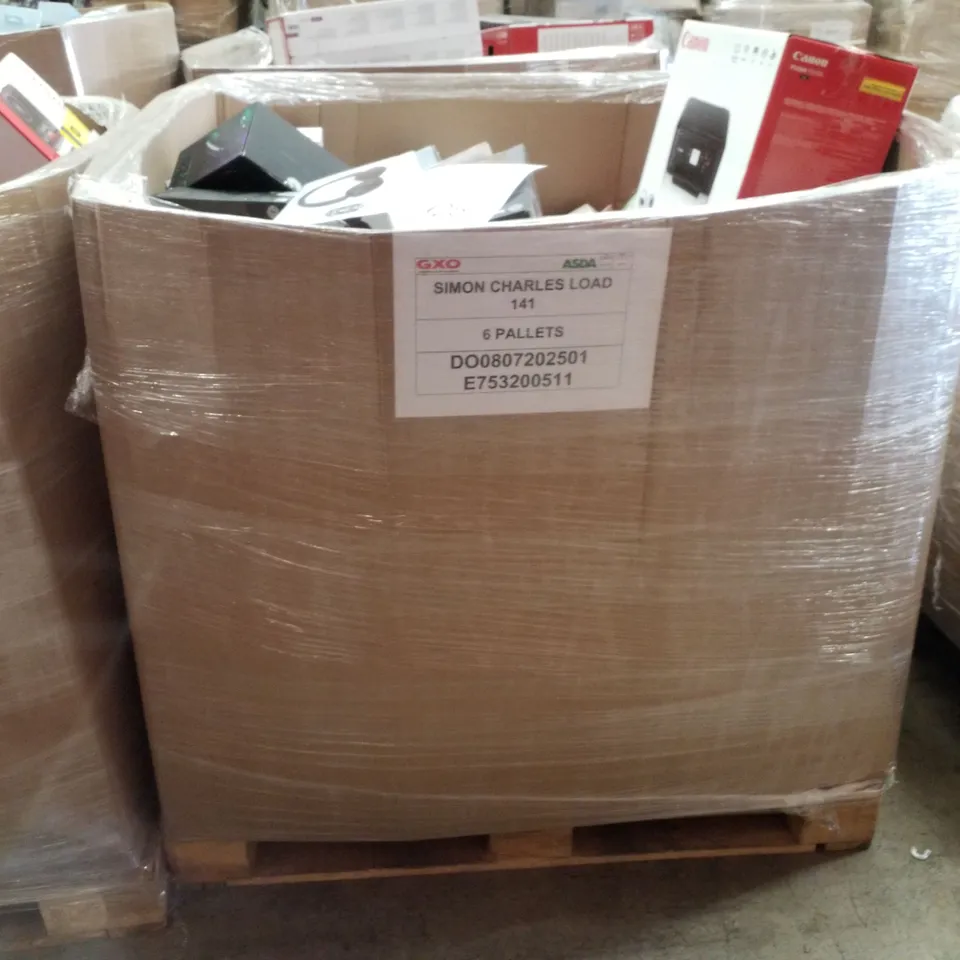 PALLET CONTAINING ASSORTED ELECTRICAL RETURNS INCLUDING CANON PIXMA TS3350 PRINTER, SHARP DIGITAL RADIO, PAN/TILT HOME SECURITY WIFI CAMERA, GAMING HEADSET, UNIVERSAL REMOTE & BLUETOOTH SPEAKERS