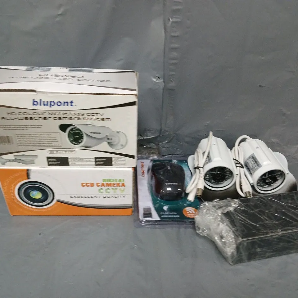 BOX OF APPROXIMATELY 15 ASSORTED ITEMS TO INCLUDE CCTV CAMERAS, COMPUTER MOUSE