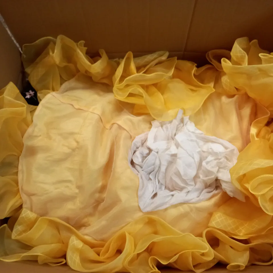  BOX OF ASSORTED CLOTHING ITEMS TOO INCLUDE DRESSES , SHIRTS AND TROUSERS IN VARIOUS SIZES AND COLOURS   