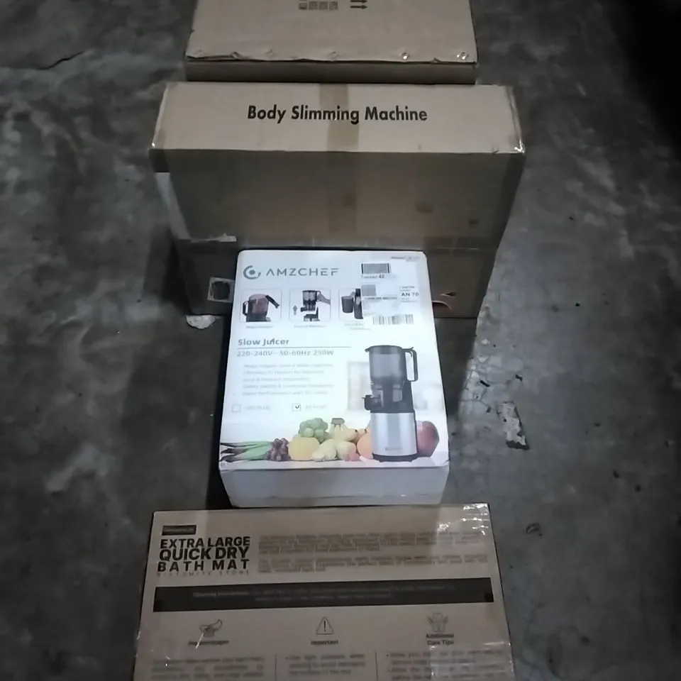 PALLET OF HOUSEHOLD ITEMS TO INCLUDE GLASS CHANDELIER, BODY SLIMMING MACHINE,SLOW JUICER, BATH MAT AND OTHER ASSORTED ITEMS...