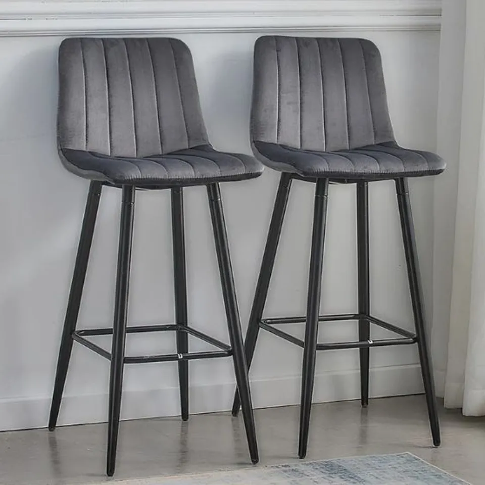 BOXED CUMMER SET OF TWO GREY VELVET BARSTOOLS (1 BOX)