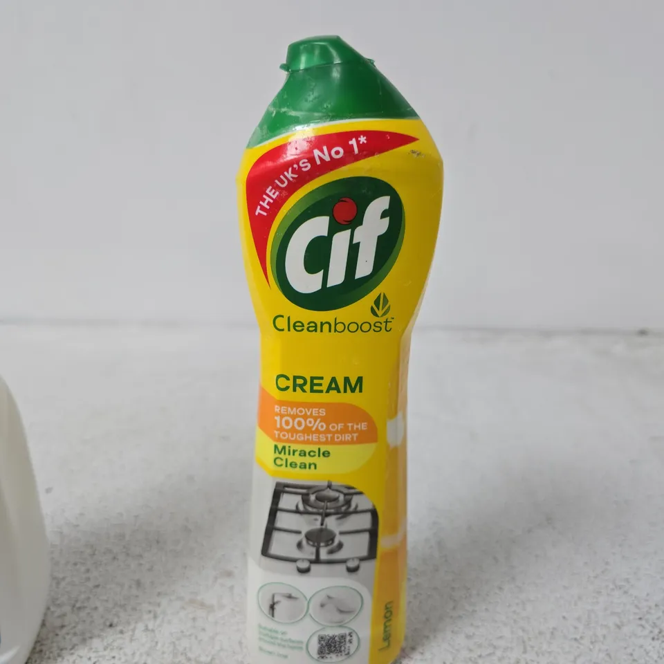 APPROXIMATELY 8 ASSORTED HOUSEHOLD LIQUIDS INCLUDING CIF CLEANBOOST AND CONTINU DISINFECTANT