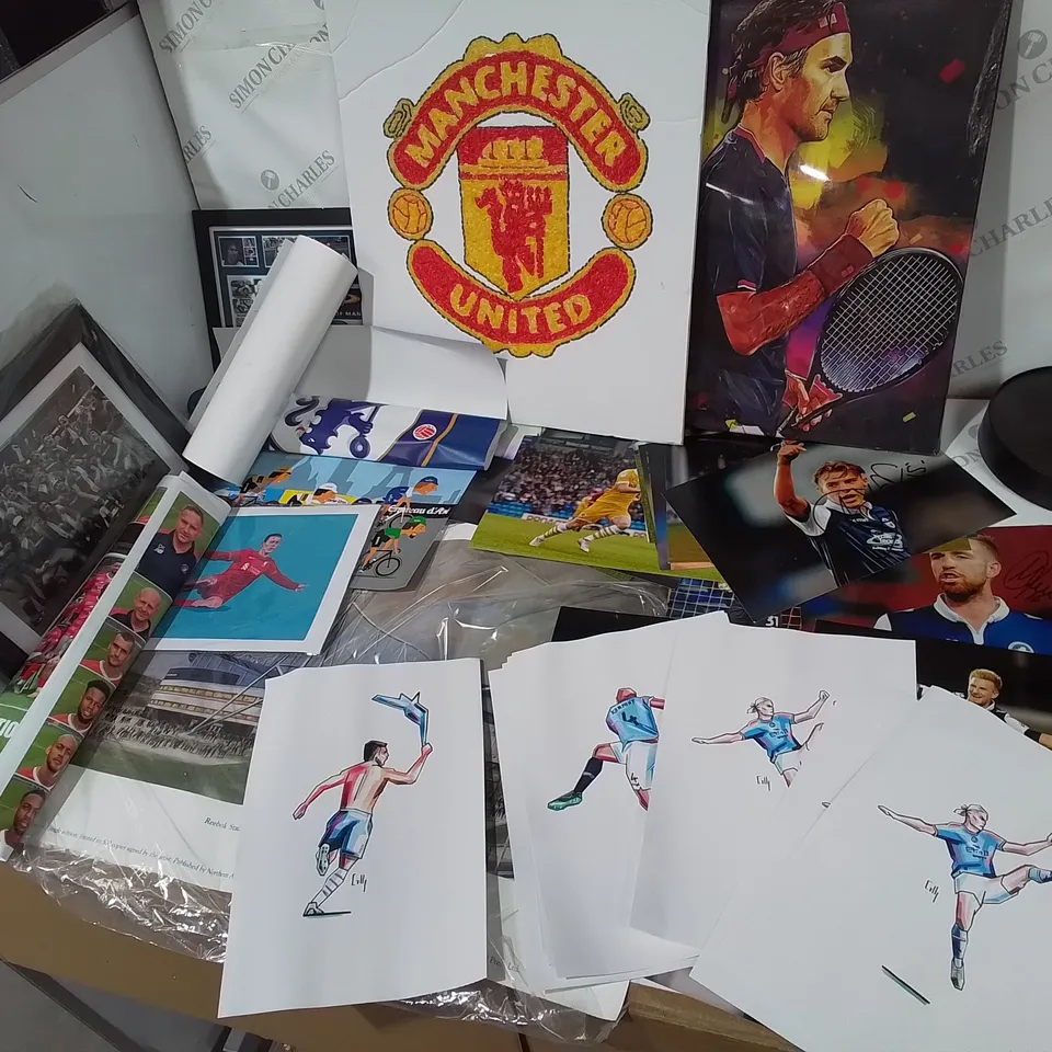 APPROXIMATELY 50 ASSORTED SPORTS THEMED ART PIECES/PHOTOGRAPHS