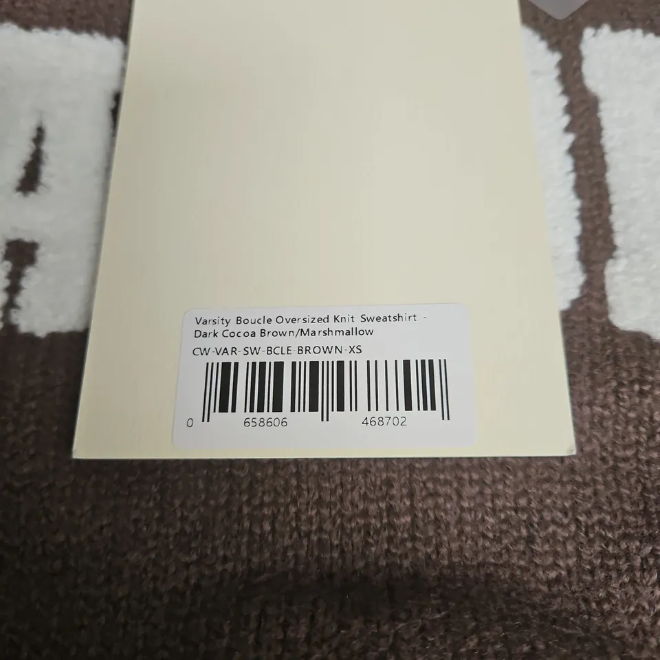 ADANOLA VARSITY BOUCLE OVERSIZED KNIT SWEATSHIRT – DARK COCOA BROWN/MARSHMALLOW, XS