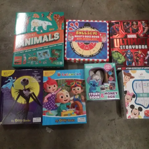 PALLET CONTAINING ASSORTED CHILDRENS ACTIVITY BOOKS INCLUDING MARVEL STORYBOOK, BULLSEYE BULLY'S QUIZ BOOK, COCOMELON BUSY BOOK, DISNEY STURY BABY BOOKS & AWESOME ANIMALS ACTIVITY SET