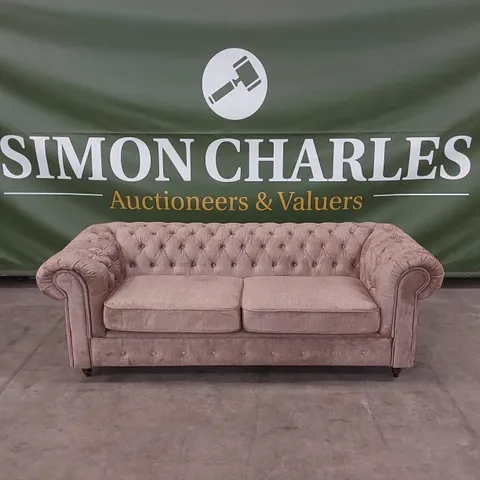 LAURA CHESTERFIELD FABRIC 3 SEATER SOFA - NATURAL